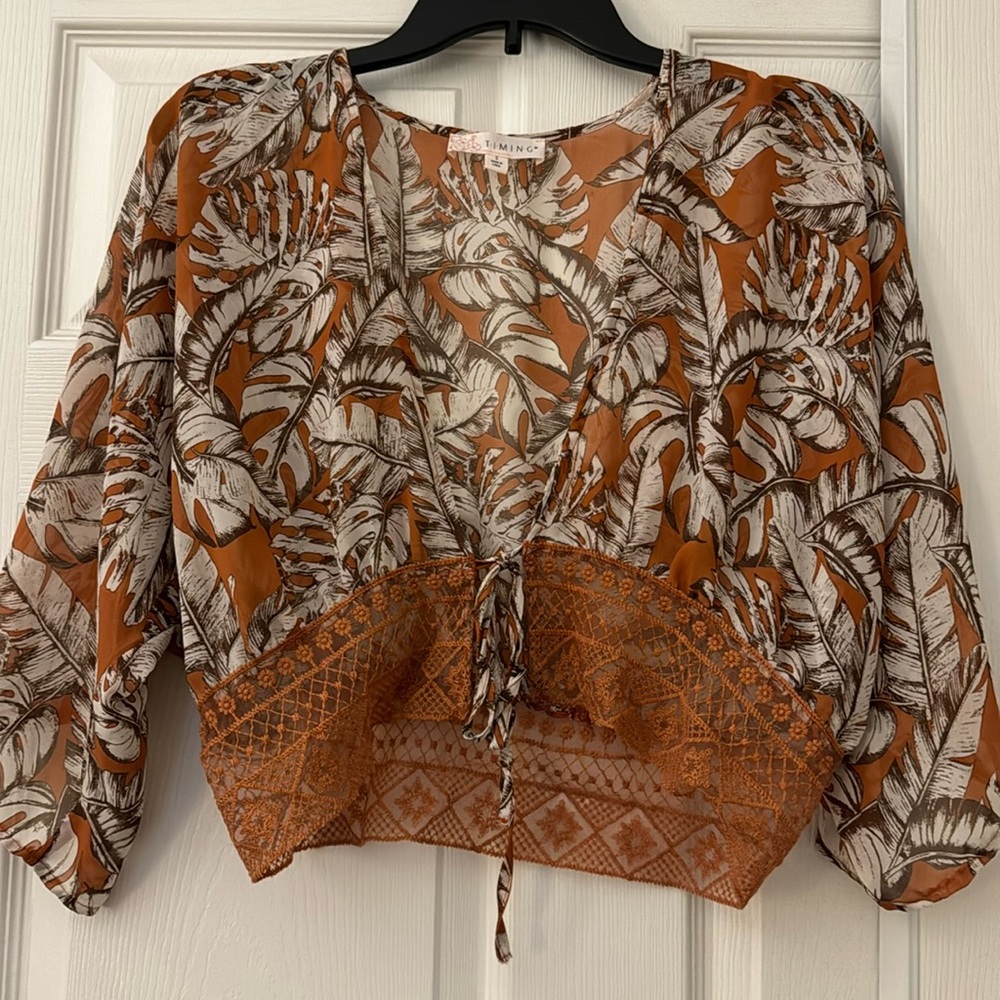 Palm tree print open tie shirt